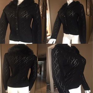 Carole Little Black Sweater w/Faux Fur Collar